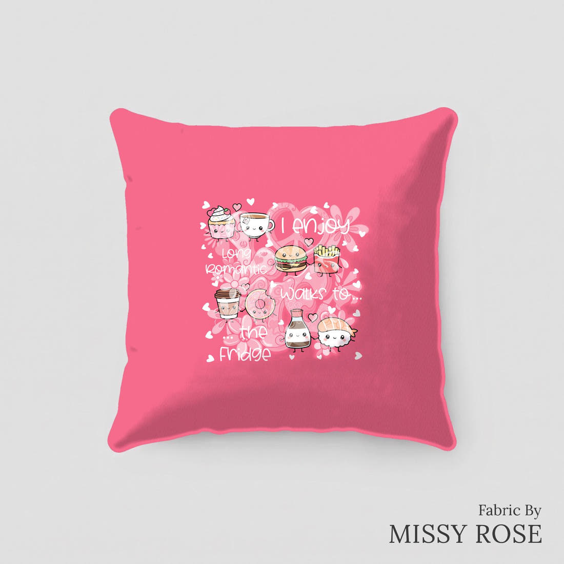 Design 437 Pink Foods Panel sewn into a cushion – see how the panel looks made up | Fabric by Missy Rose