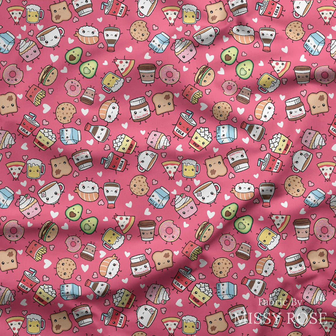 Design 437 Pink Foods Fabric draped fabric mockup – custom printed fabric by the metre | Fabric by Missy Rose