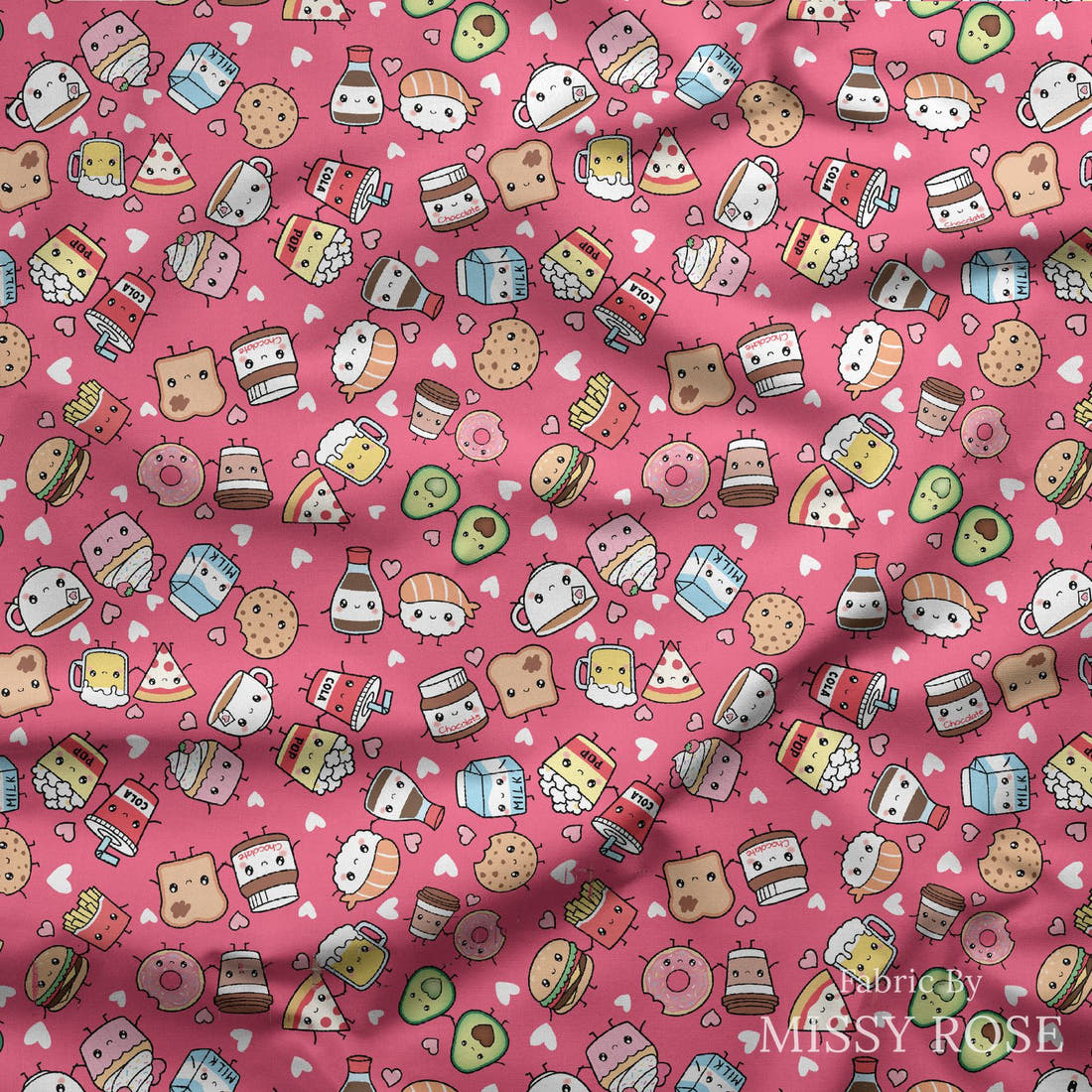 Design 437 Pink Foods Fabric draped fabric mockup – custom printed fabric by the metre | Fabric by Missy Rose