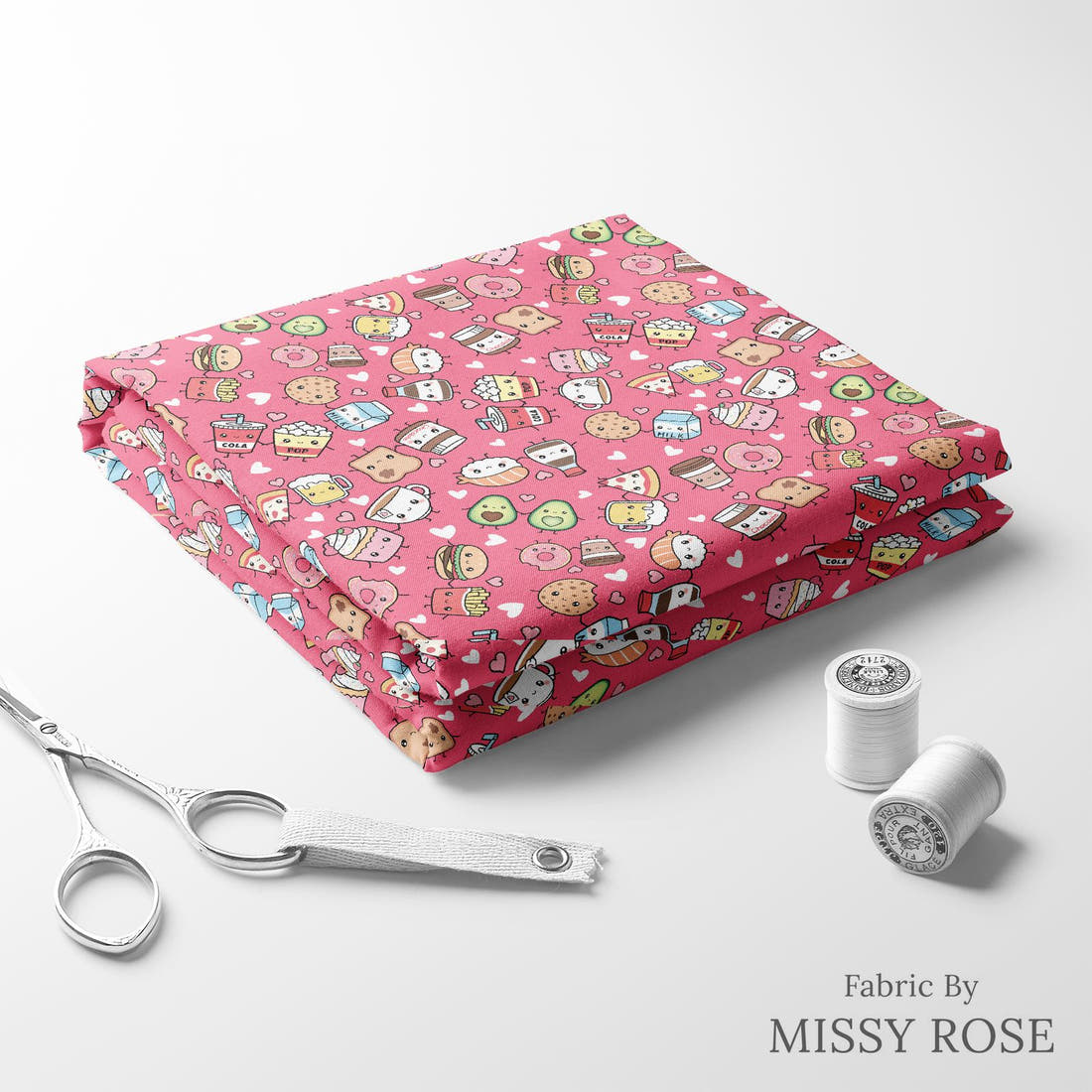 Design 437 Pink Foods Fabric folded fabric stack with matching thread – pre-order fabric Australia | Fabric by Missy Rose