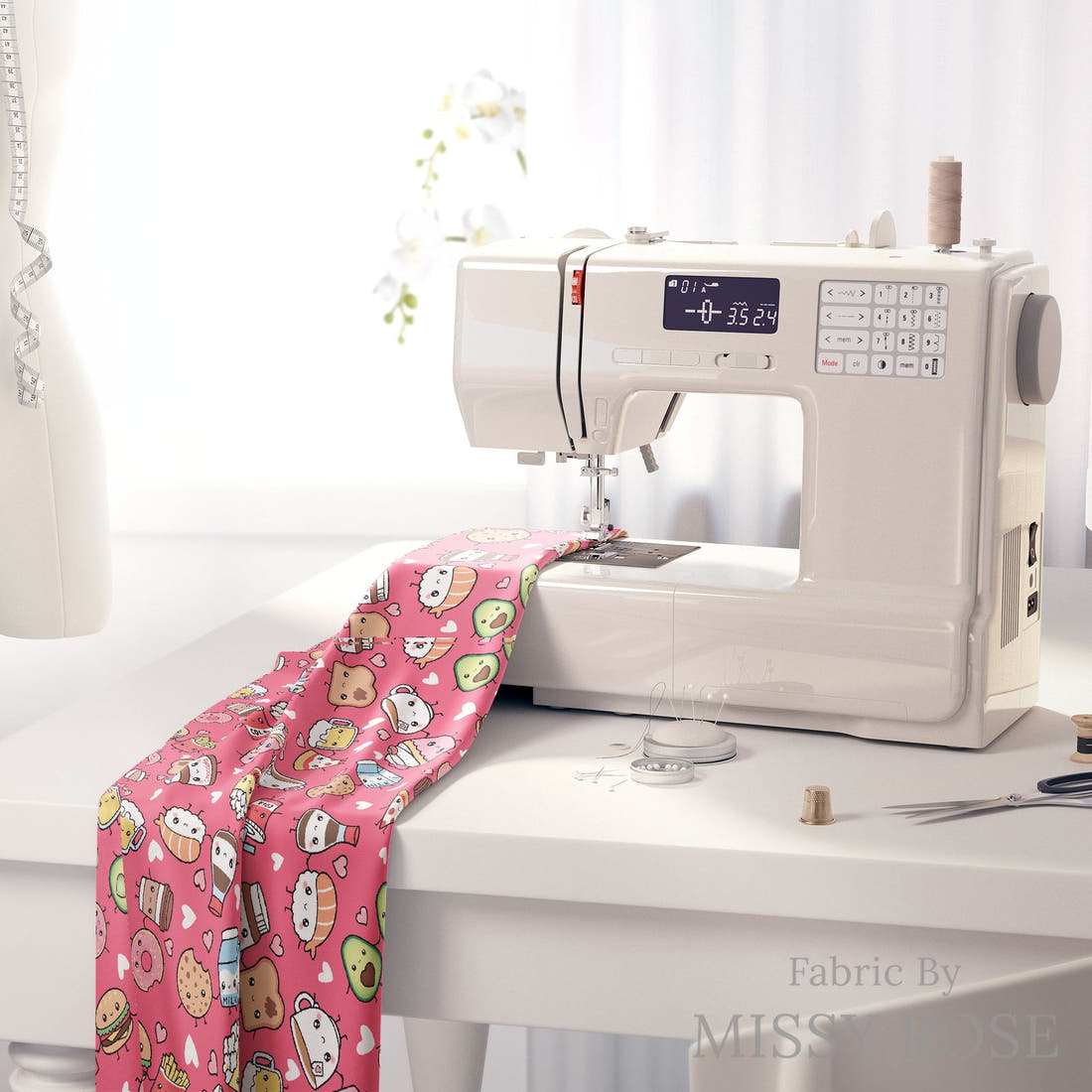 Design 437 Pink Foods Fabric on a sewing machine – premium fabric for sewing projects | Fabric by Missy Rose