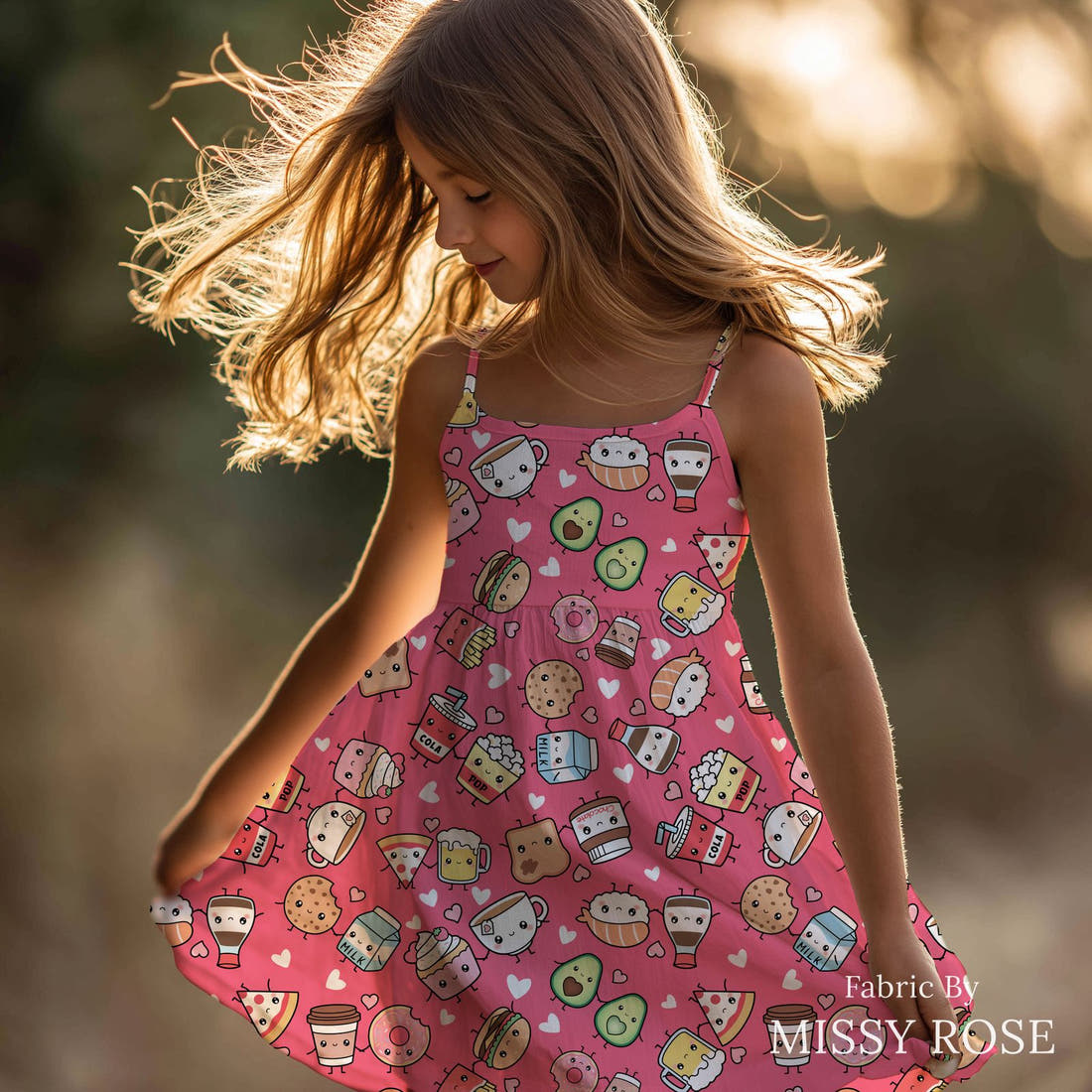 Design 437 Pink Foods Fabric sewn into a girls' dress – see how the print looks made up | Fabric by Missy Rose