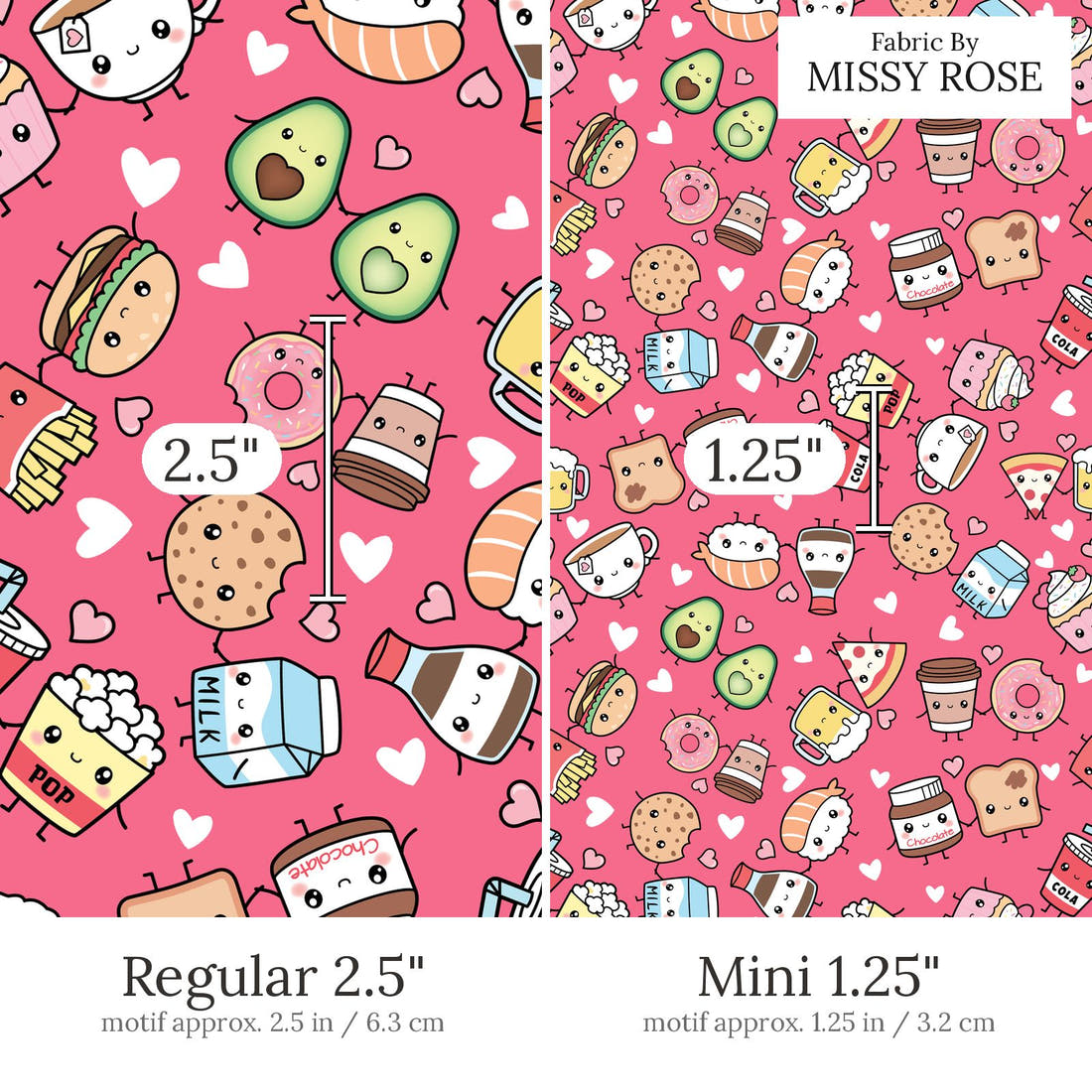 Design 437 Pink Foods Fabric Regular 2.5 inch vs Mini 1.25 inch print scale side by side | Fabric by Missy Rose