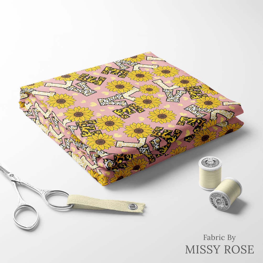Design 438 Love Fabric folded fabric stack with matching thread – pre-order fabric Australia | Fabric by Missy Rose