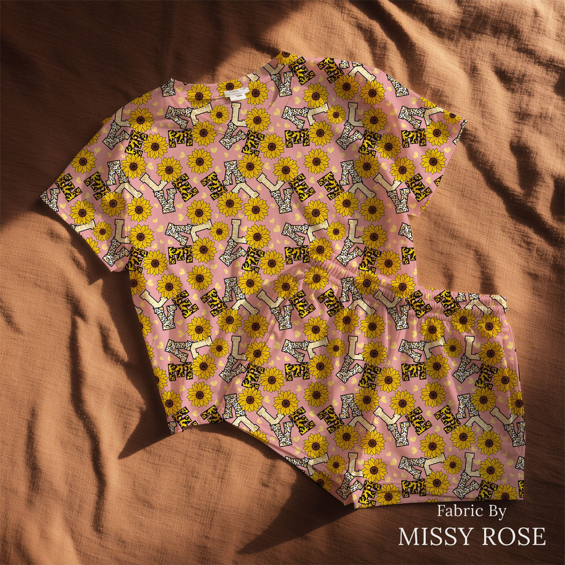 Design 438 Love Fabric sewn into a lounge set – see how the print looks made up | Fabric by Missy Rose