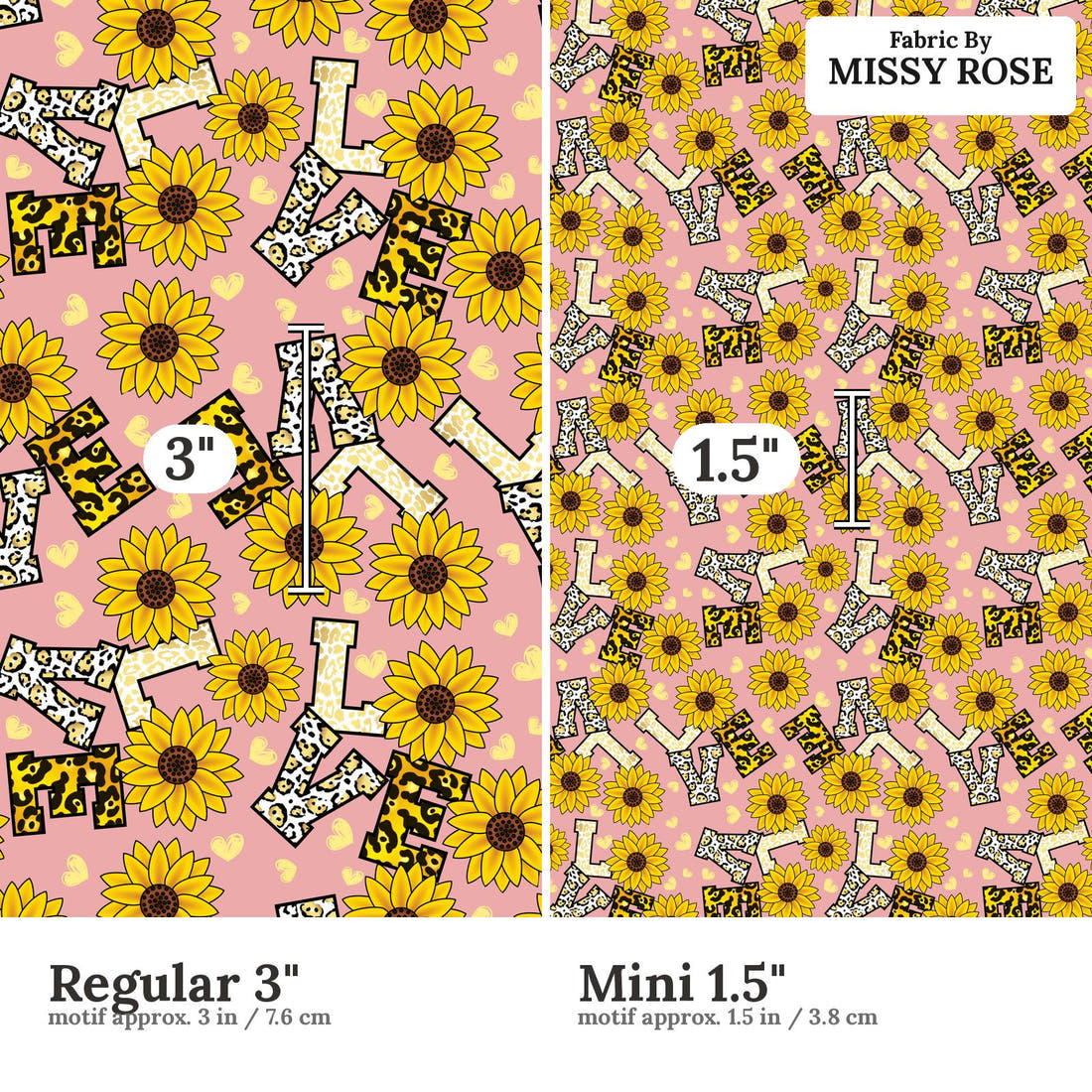 Design 438 Love Fabric size comparison - print scale | Fabric by Missy Rose
