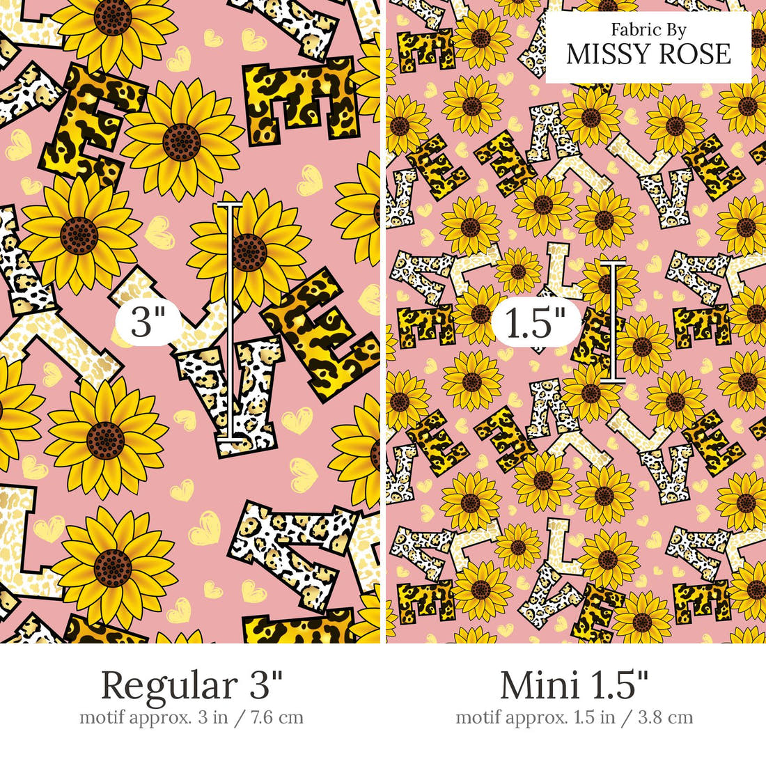 Design 438 Love Fabric Regular 3 inch vs Mini 1.5 inch print scale side by side | Fabric by Missy Rose