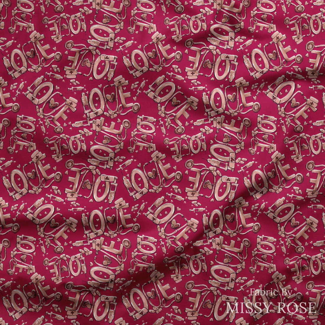 Design 439 Red Nurse Fabric draped fabric mockup – custom printed fabric by the metre | Fabric by Missy Rose