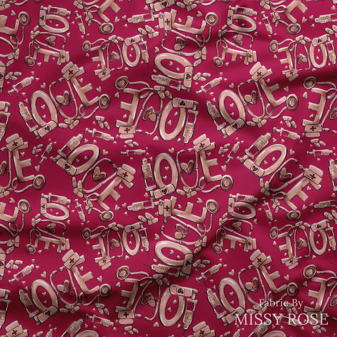 Design 439 Red Nurse Fabric draped fabric mockup – custom printed fabric by the metre | Fabric by Missy Rose