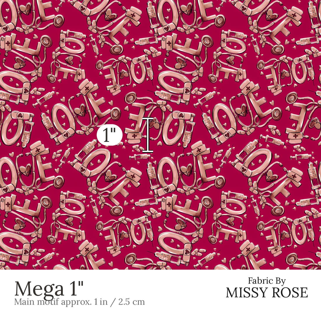 Design 439 Red Nurse Fabric Mega 1 inch print scale guide | Fabric by Missy Rose