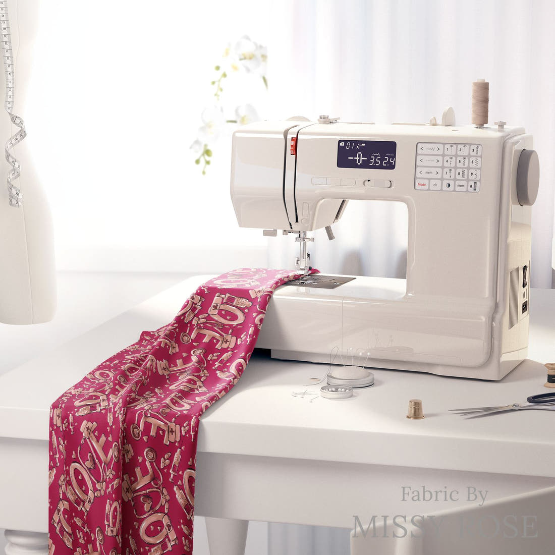 Design 439 Red Nurse Fabric on a sewing machine – premium fabric for sewing projects | Fabric by Missy Rose
