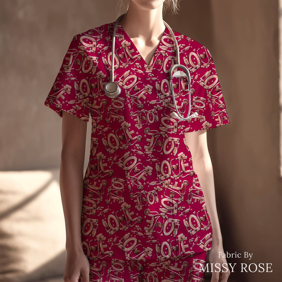 Design 439 Red Nurse Fabric sewn into a scrubs top – see how the print looks made up | Fabric by Missy Rose