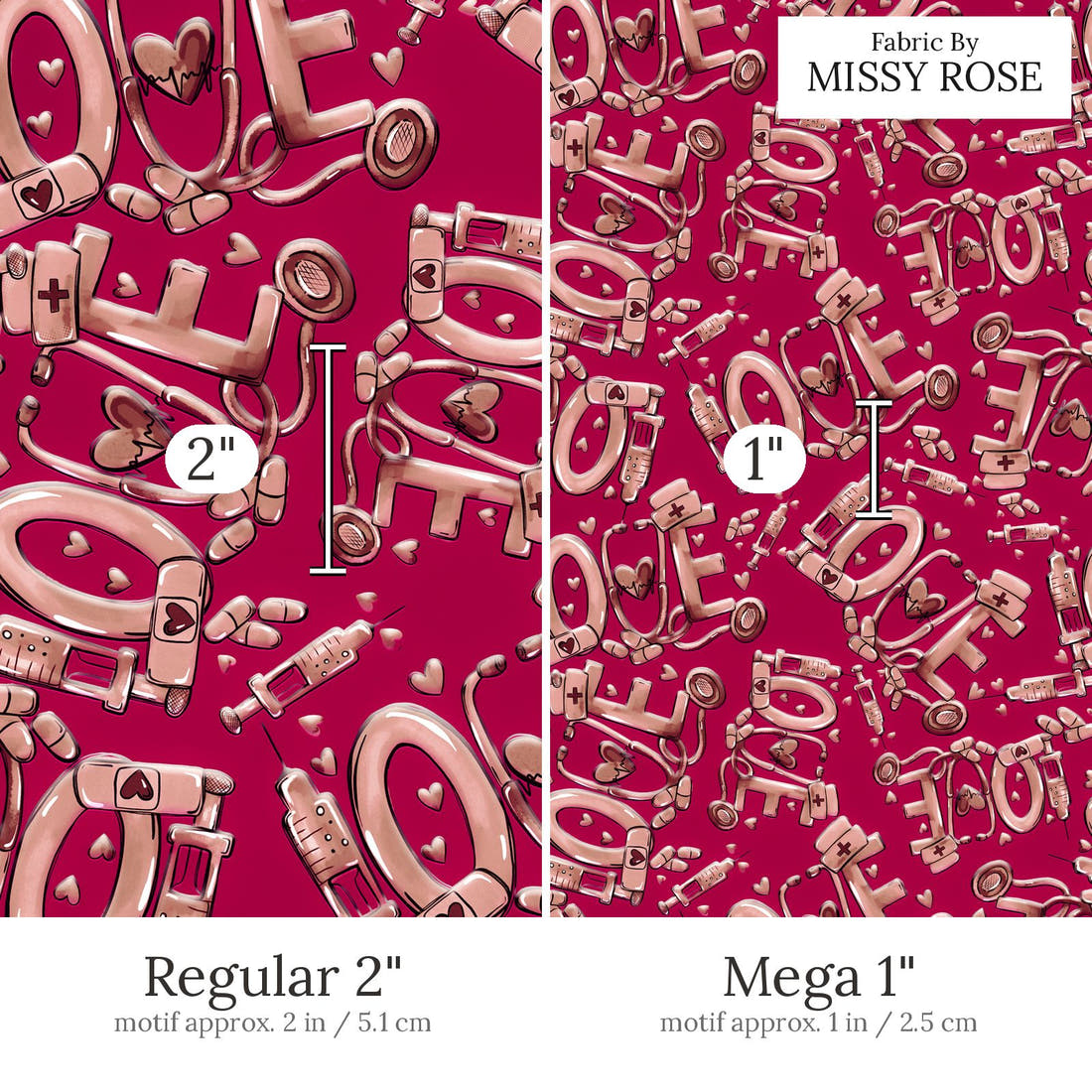 Design 439 Red Nurse Fabric Regular 2 inch vs Mega 1 inch print scale side by side | Fabric by Missy Rose