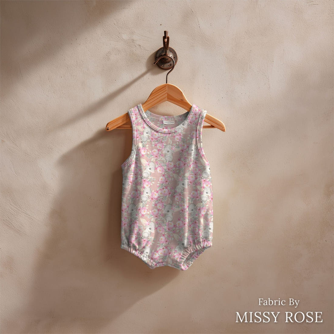 Design 44 Bilby Fabric sewn into a baby romper – see how the print looks made up | Fabric by Missy Rose
