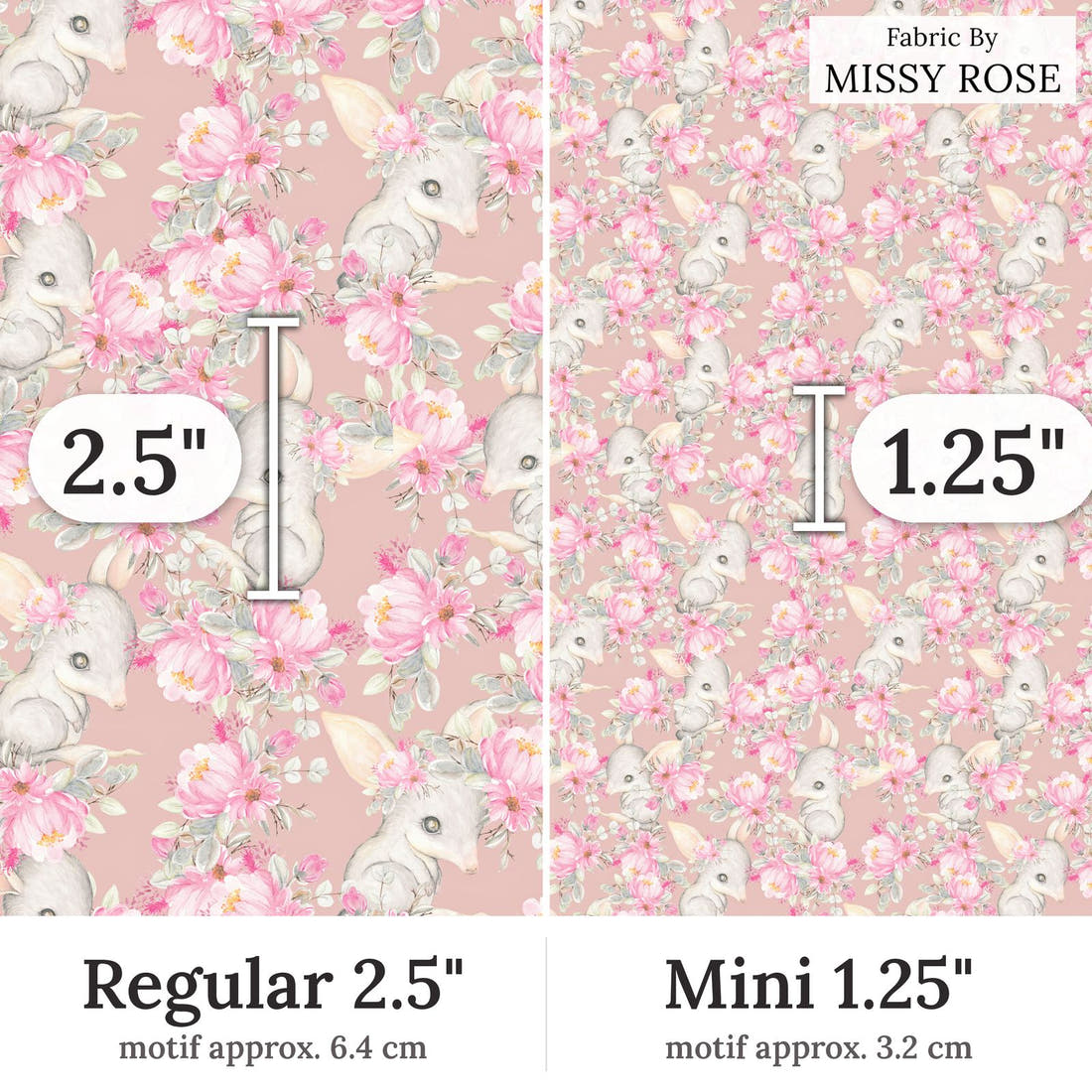 Design 44 Bilby Fabric Regular 2.5 inch vs Mini 1.25 inch print scale side by side | Fabric by Missy Rose