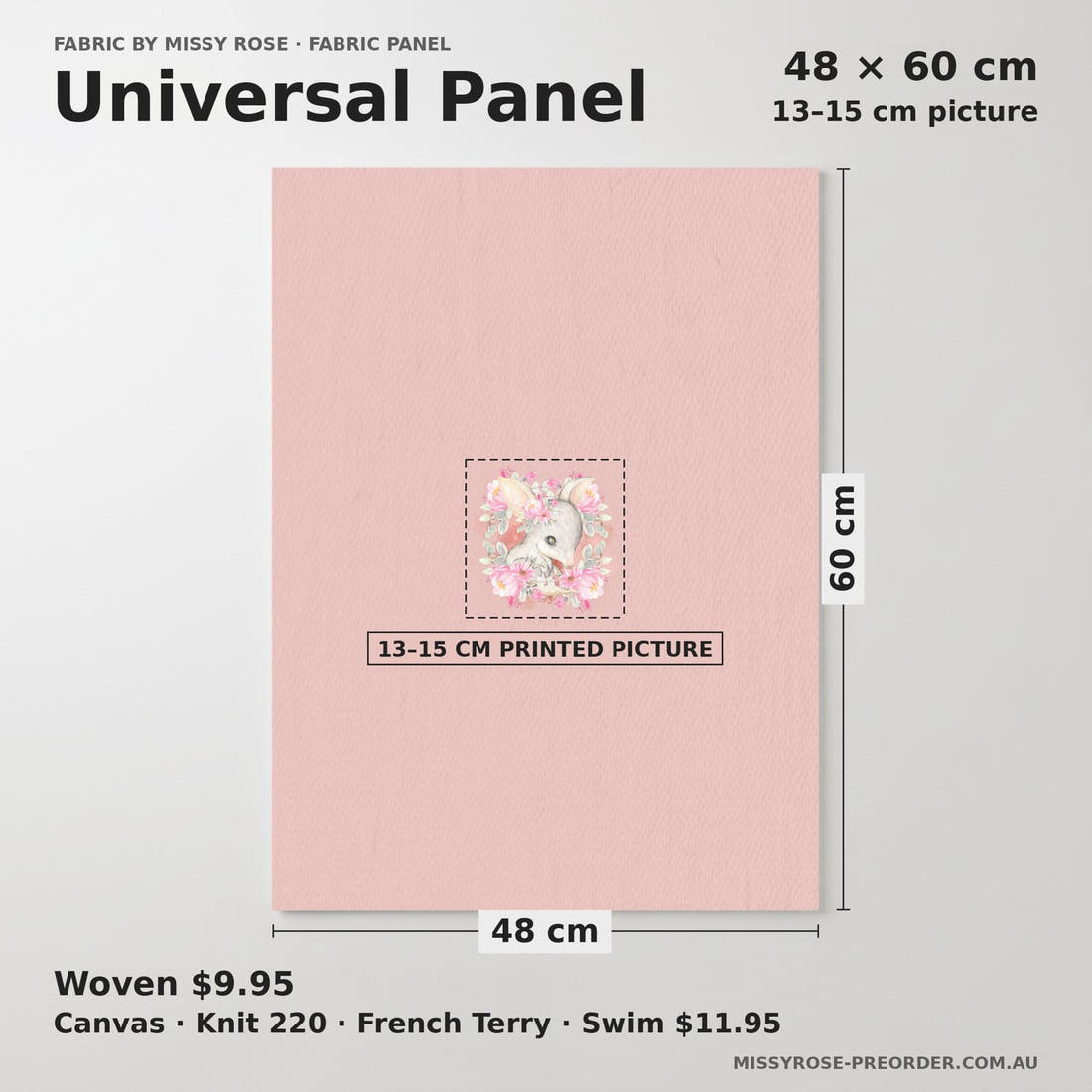 Design 44 Bilby Panel universal panel sizing – 13–15 cm printed picture on 48 × 60 cm fabric | Fabric by Missy Rose