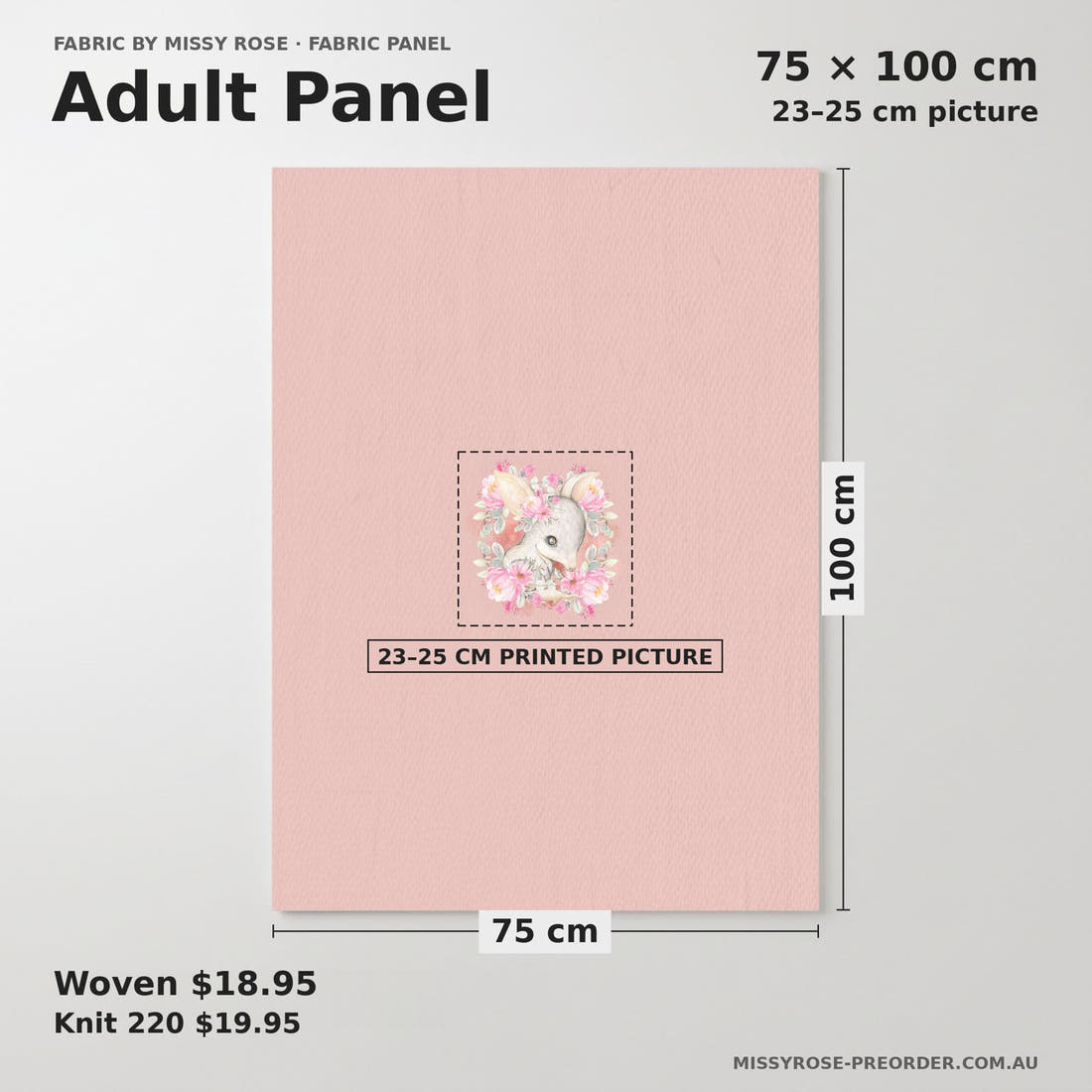 Design 44 Bilby Panel adult panel sizing – 23–25 cm printed picture on 75 × 100 cm fabric | Fabric by Missy Rose