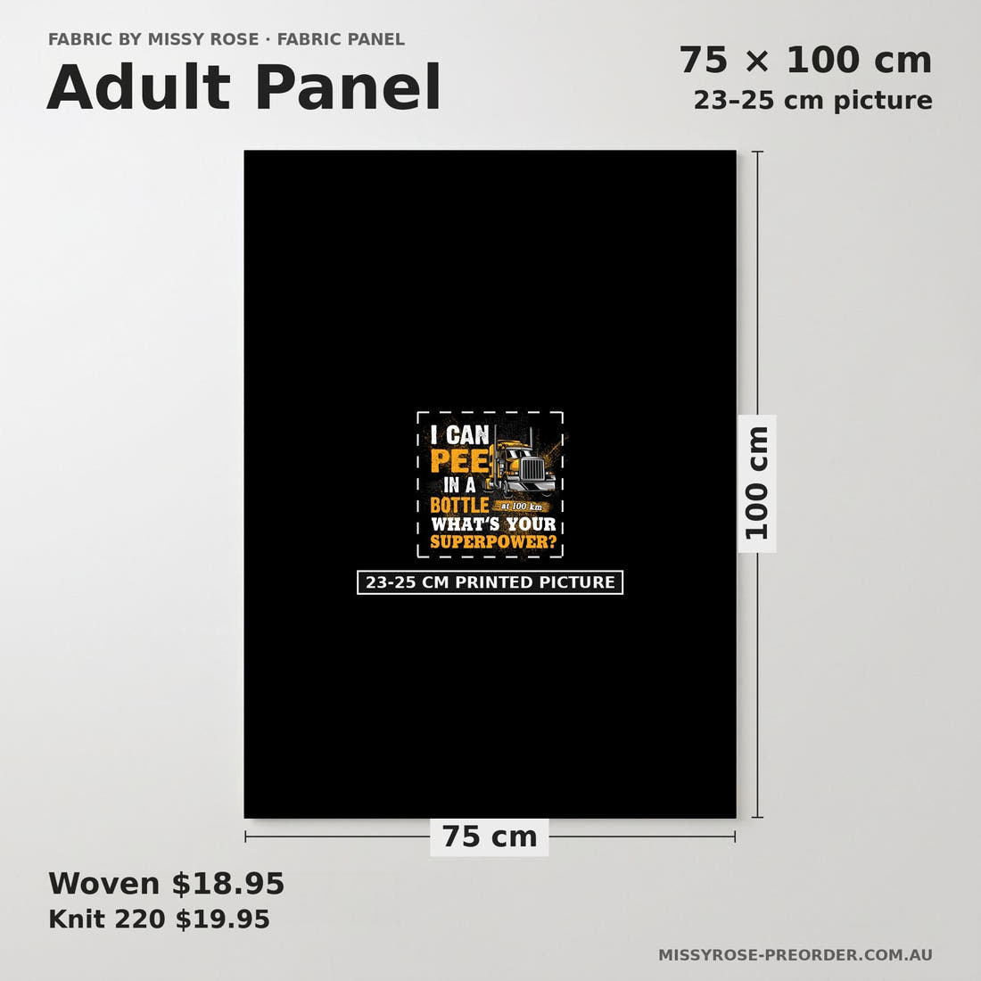 Design 440 Trucker Panel adult panel sizing – 23–25 cm printed picture on 75 × 100 cm fabric | Fabric by Missy Rose