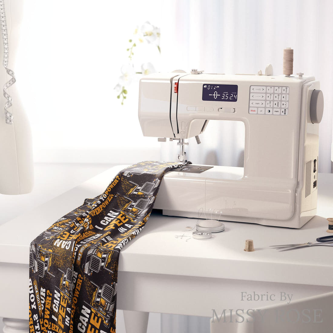 Design 440 Trucker Fabric on a sewing machine – premium fabric for sewing projects | Fabric by Missy Rose