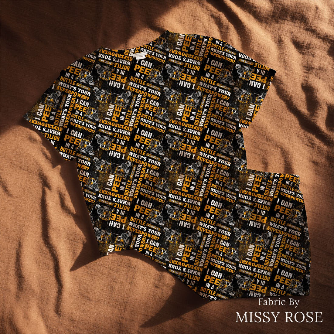Design 440 Trucker Fabric sewn into a lounge set – see how the print looks made up | Fabric by Missy Rose