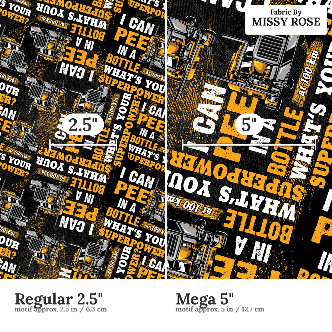 Design 440 Trucker Fabric size comparison - print scale | Fabric by Missy Rose