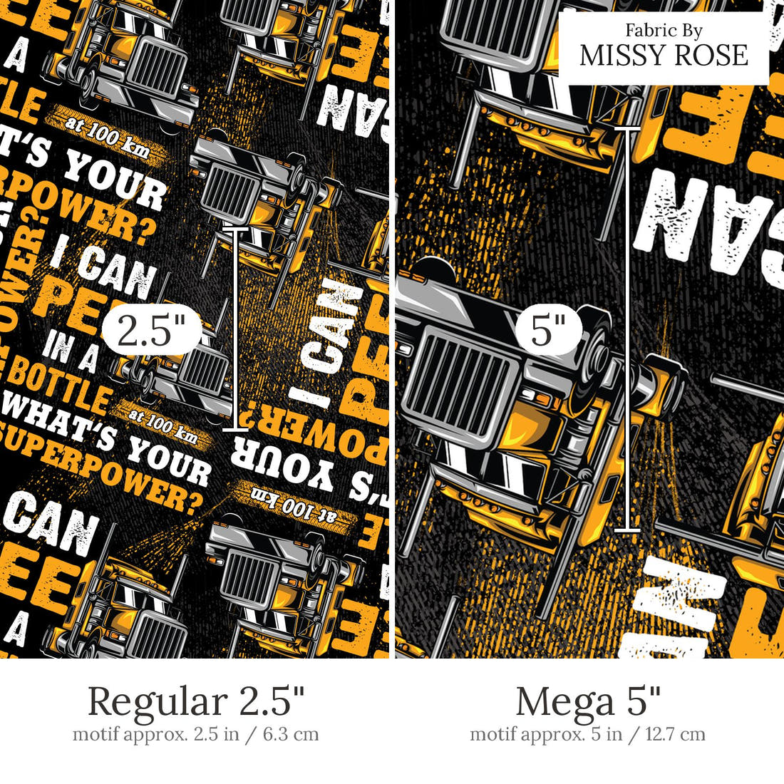 Design 440 Trucker Fabric Regular 2.5 inch vs Mega 5 inch print scale side by side | Fabric by Missy Rose