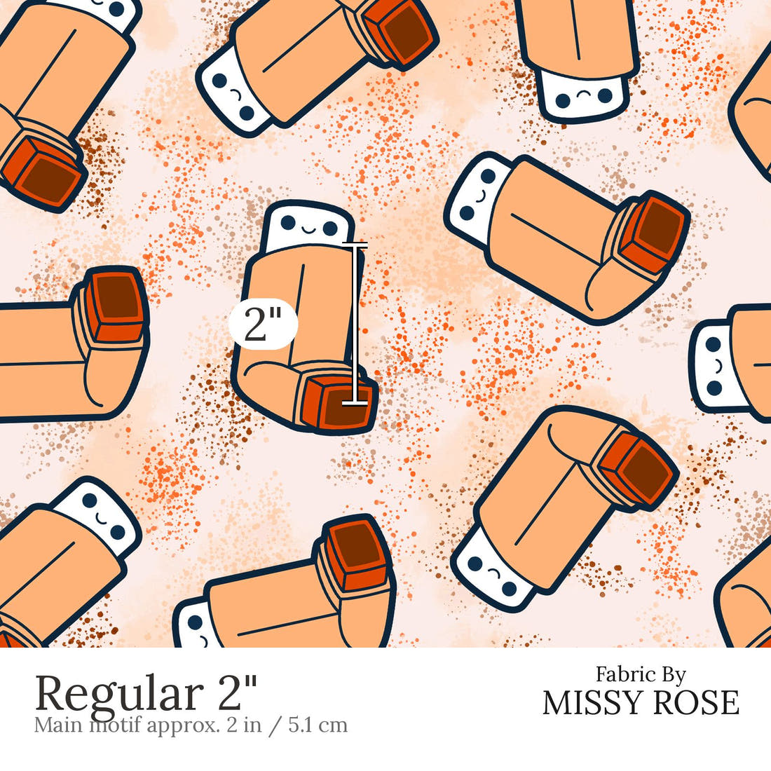Design 441 Orange Asthma Puffer Fabric Regular 2 inch print scale guide | Fabric by Missy Rose