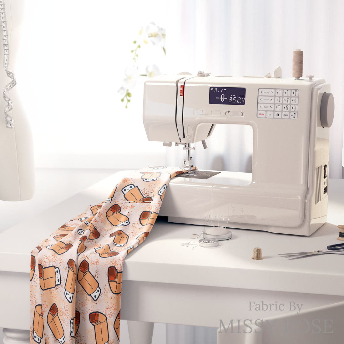 Design 441 Orange Asthma Puffer Fabric on a sewing machine – premium fabric for sewing projects | Fabric by Missy Rose