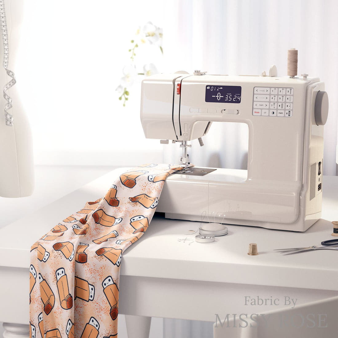 Design 441 Orange Asthma Puffer Fabric on a sewing machine – premium fabric for sewing projects | Fabric by Missy Rose