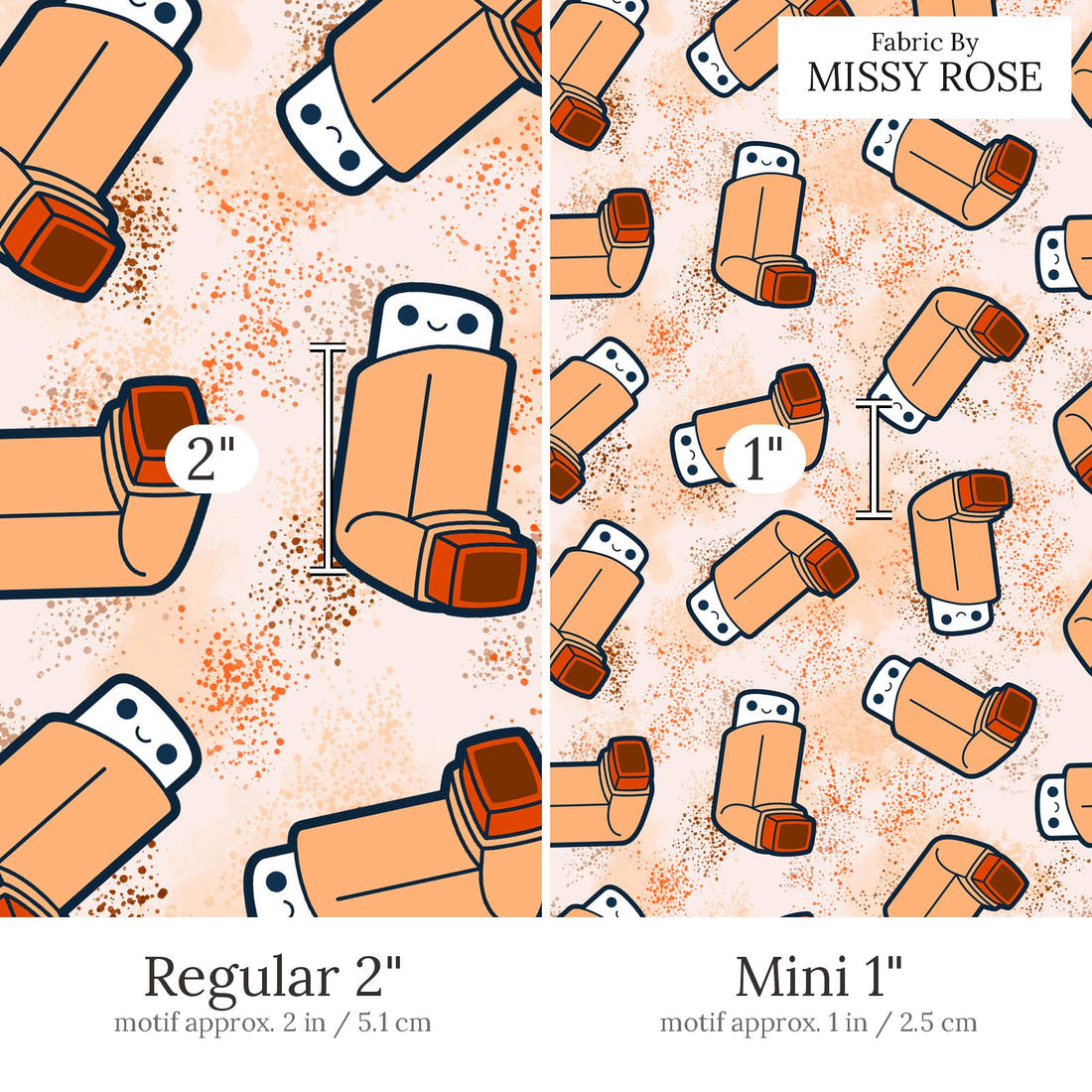 Design 441 Orange Asthma Puffer Fabric Regular 2 inch vs Mini 1 inch print scale side by side | Fabric by Missy Rose