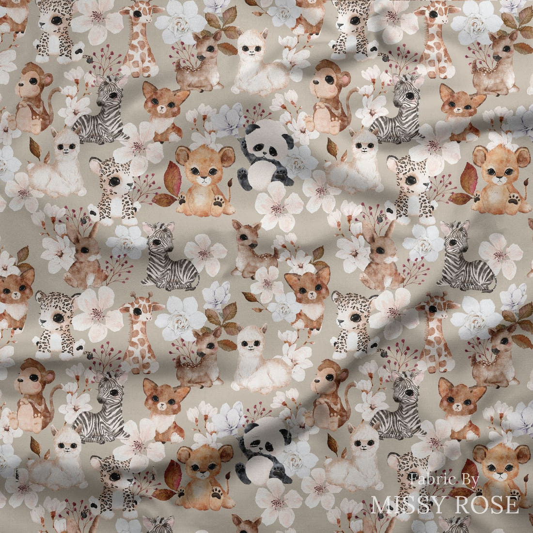 Design 442 Neutral Safari Animals Fabric draped fabric mockup – custom printed fabric by the metre | Fabric by Missy Rose
