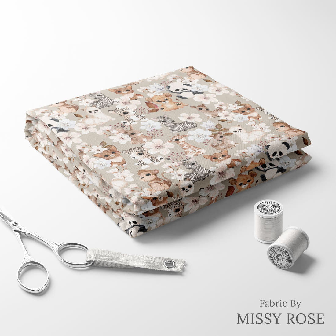 Design 442 Neutral Safari Animals Fabric folded fabric stack with matching thread – pre-order fabric Australia | Fabric by Missy Rose