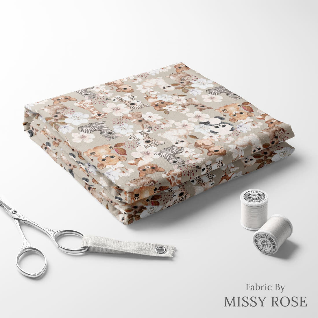 Design 442 Neutral Safari Animals Fabric folded fabric stack with matching thread – pre-order fabric Australia | Fabric by Missy Rose
