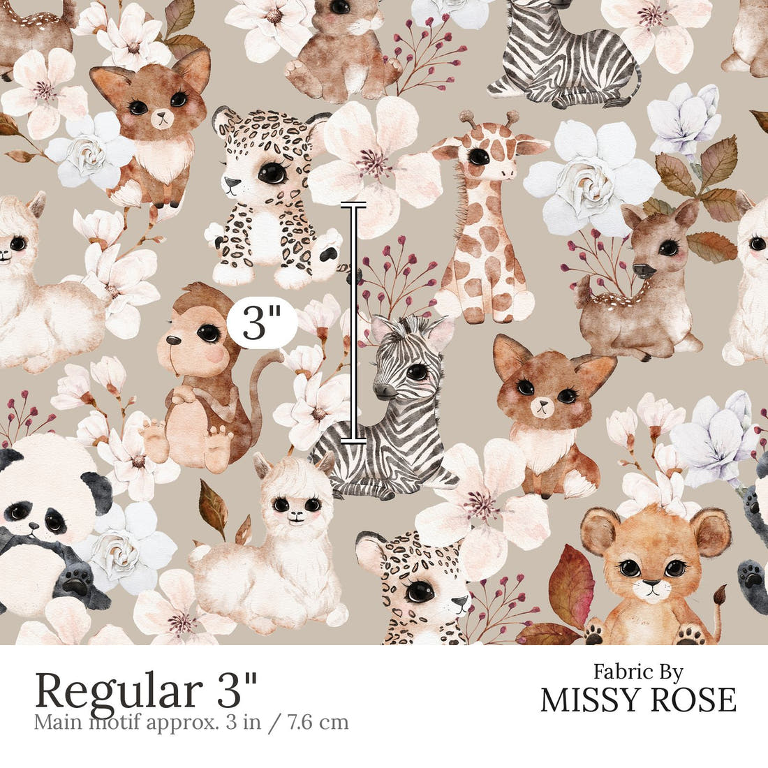 Design 442 Neutral Safari Animals Fabric Regular 3 inch print scale guide | Fabric by Missy Rose