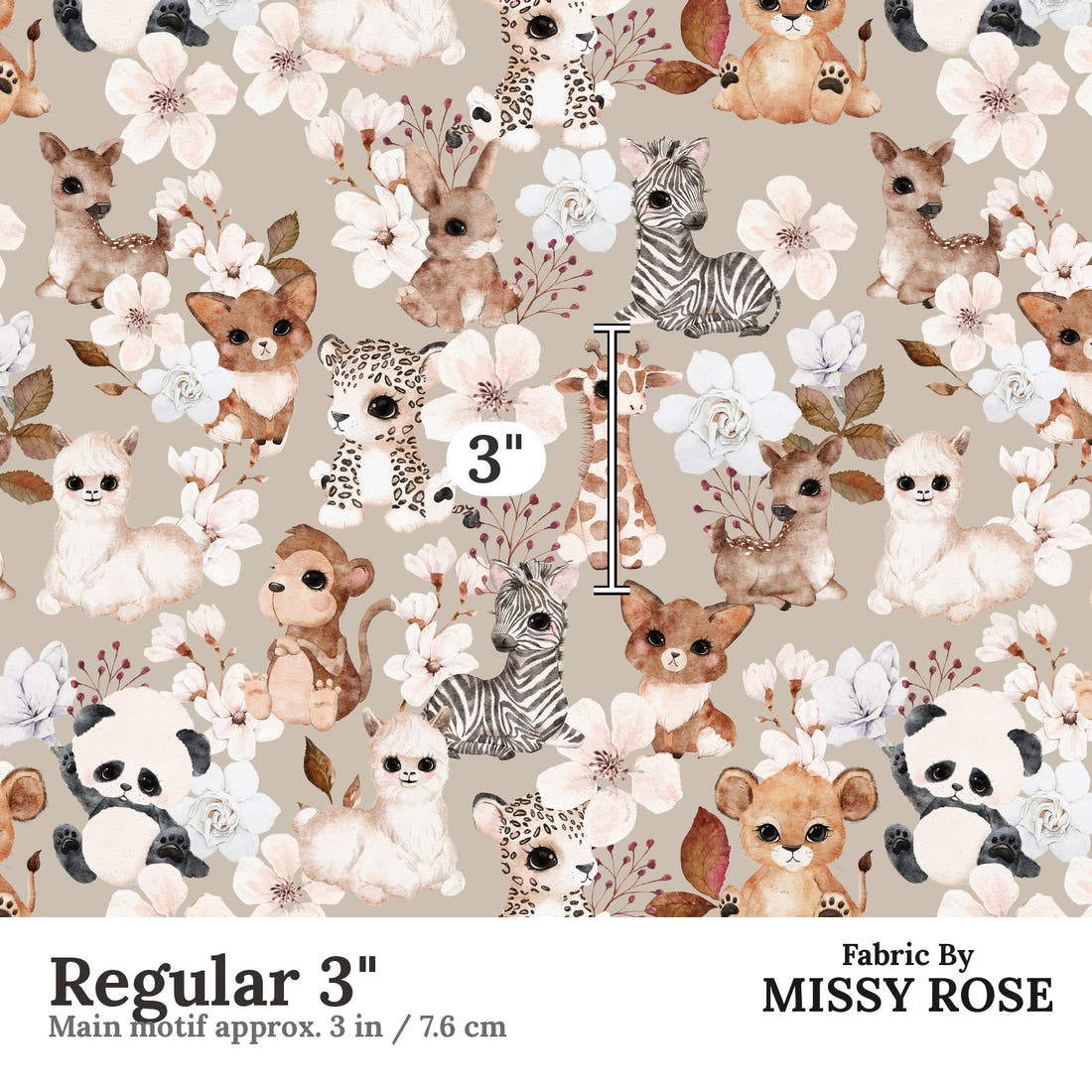 Design 442 Neutral Safari Animals Fabric Regular 3" - print scale | Fabric by Missy Rose