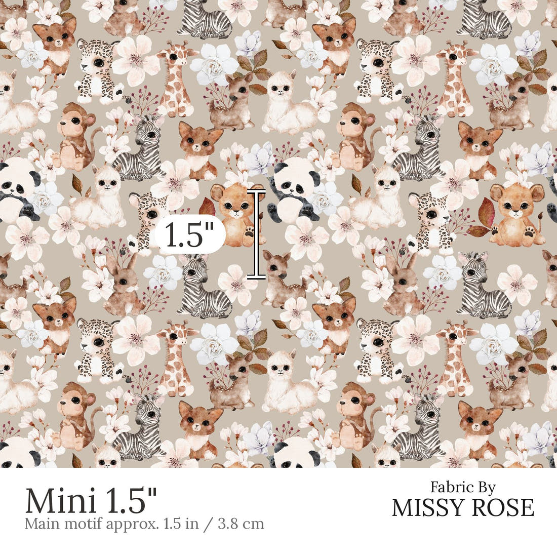 Design 442 Neutral Safari Animals Fabric Mini 1.5 inch print scale guide | Fabric by Missy Rose