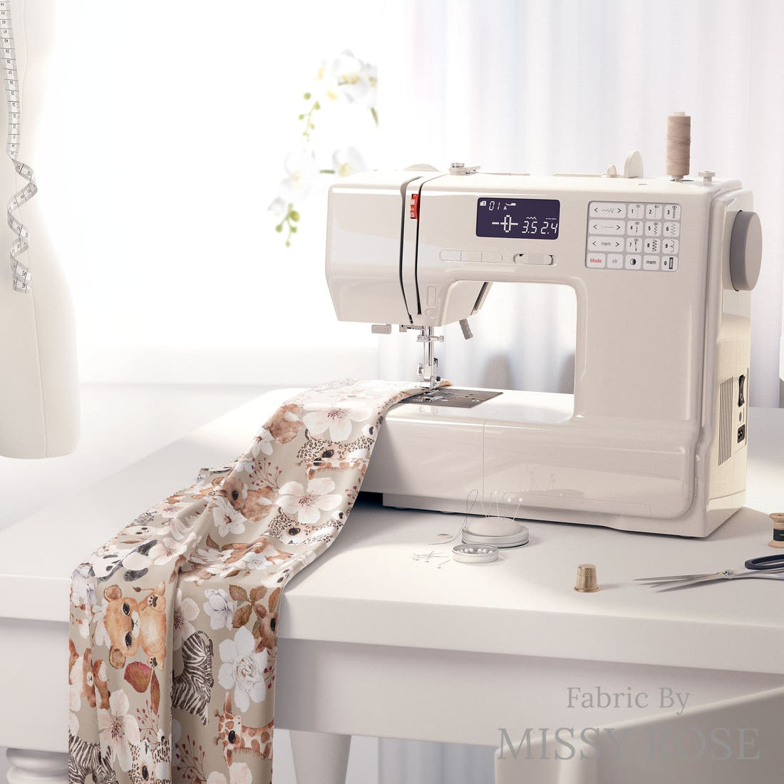 Design 442 Neutral Safari Animals Fabric on a sewing machine – premium fabric for sewing projects | Fabric by Missy Rose