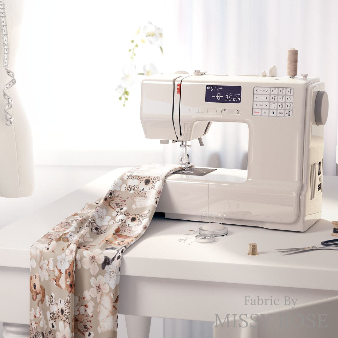 Design 442 Neutral Safari Animals Fabric on a sewing machine – premium fabric for sewing projects | Fabric by Missy Rose