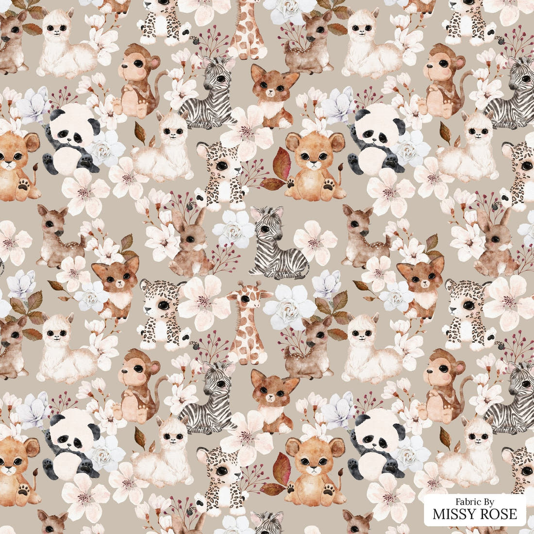 Design 442 Neutral Safari Animals Fabric - flat view of the print, zoom in for detail | Fabric by Missy Rose