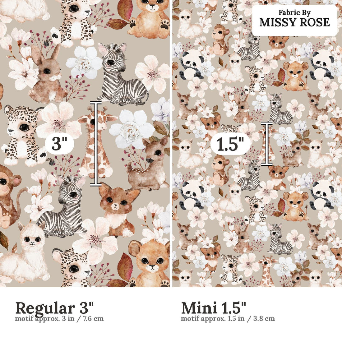 Design 442 Neutral Safari Animals Fabric size comparison - print scale | Fabric by Missy Rose