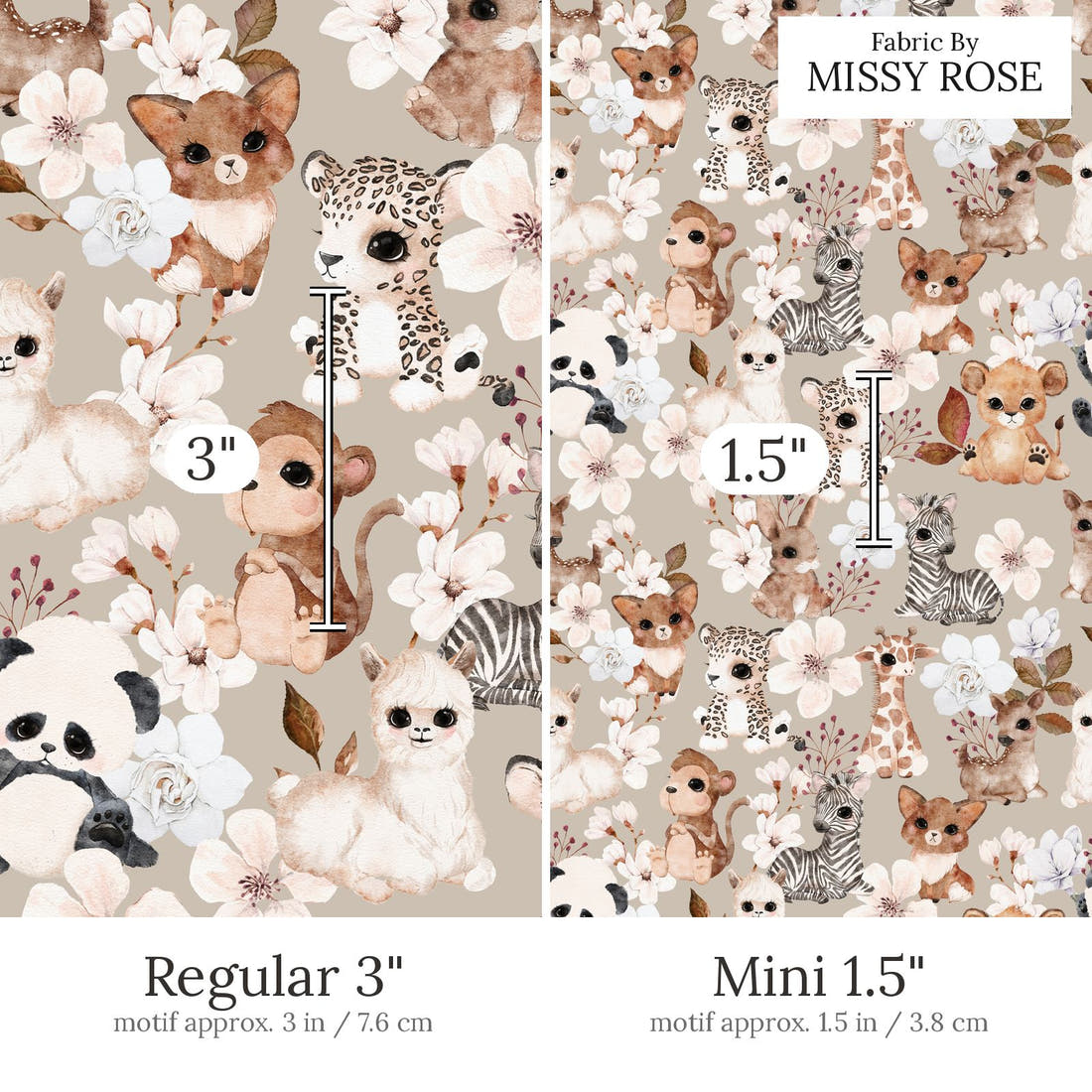 Design 442 Neutral Safari Animals Fabric Regular 3 inch vs Mini 1.5 inch print scale side by side | Fabric by Missy Rose