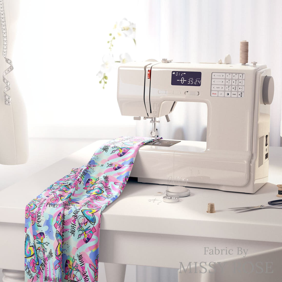 Design 443 Hair Dresser Fabric on a sewing machine – premium fabric for sewing projects | Fabric by Missy Rose