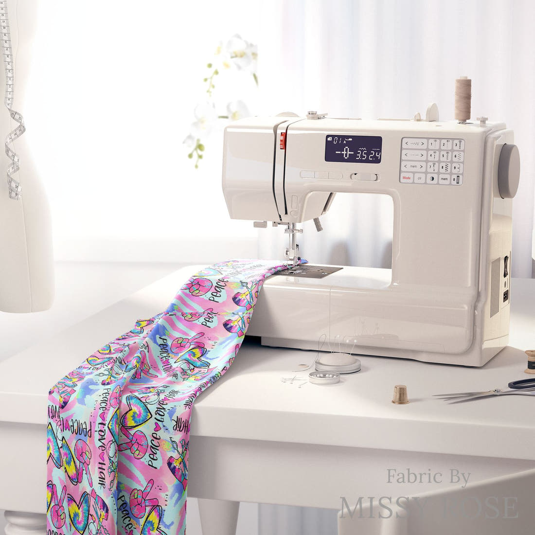 Design 443 Hair Dresser Fabric on a sewing machine – premium fabric for sewing projects | Fabric by Missy Rose