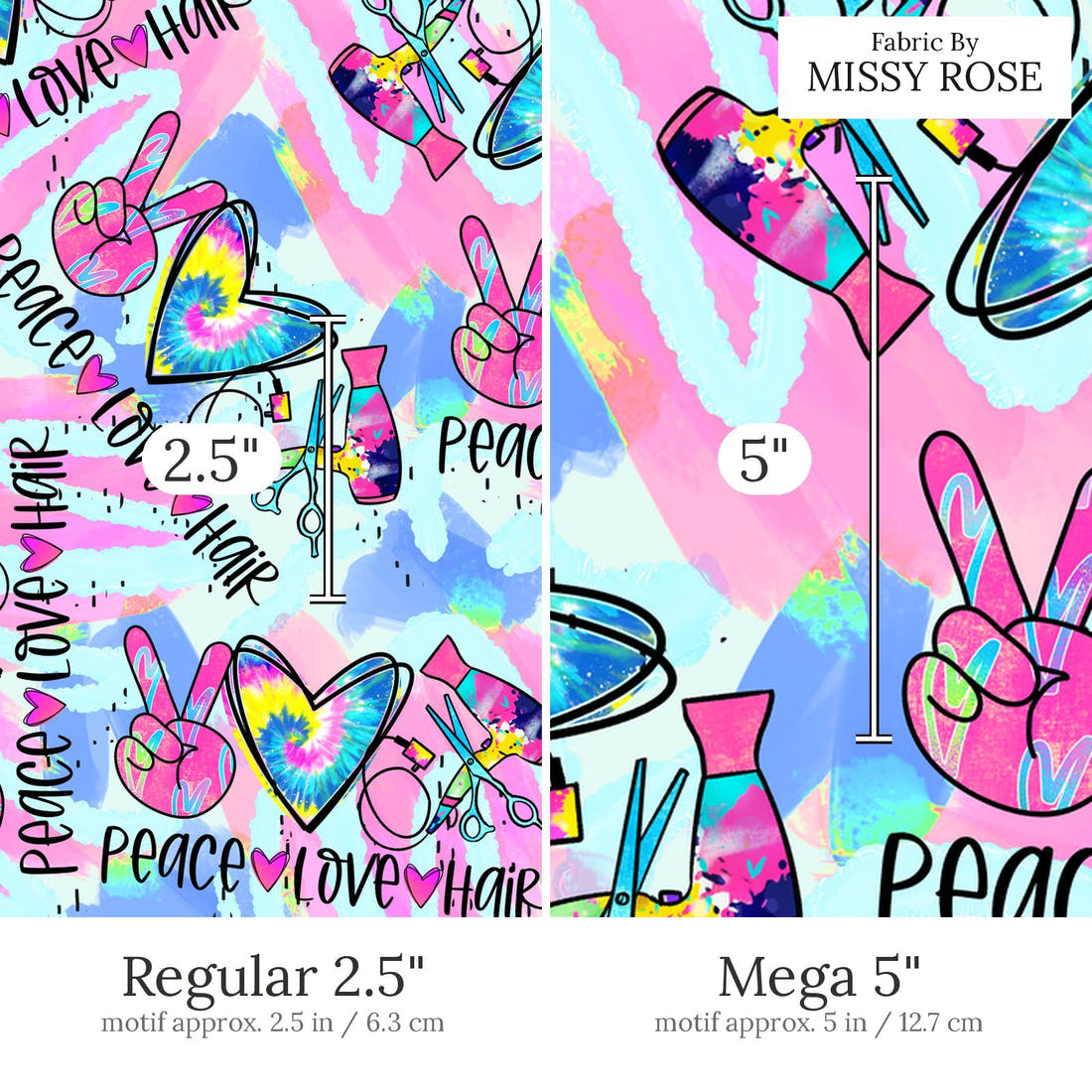 Design 443 Hair Dresser Fabric Regular 2.5 inch vs Mega 5 inch print scale side by side | Fabric by Missy Rose