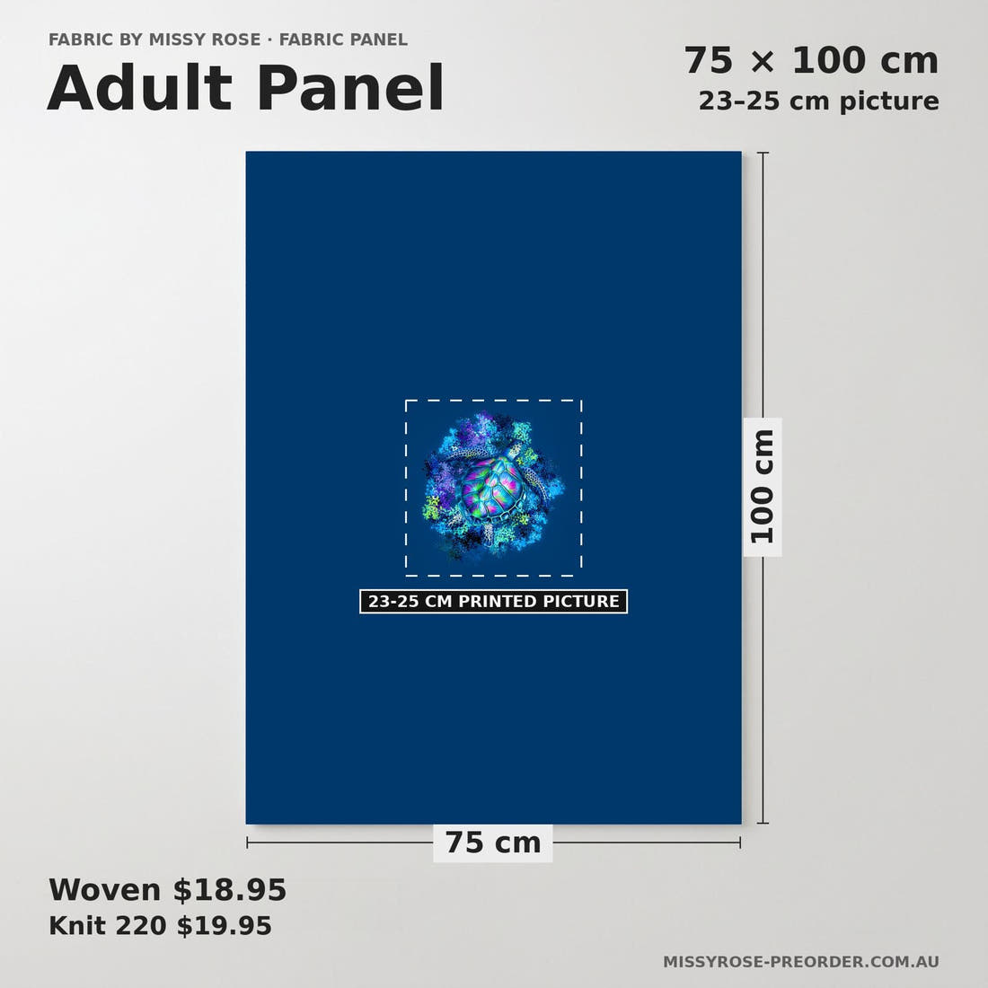 Design 444 Turtle Panel adult panel sizing – 23–25 cm printed picture on 75 × 100 cm fabric | Fabric by Missy Rose