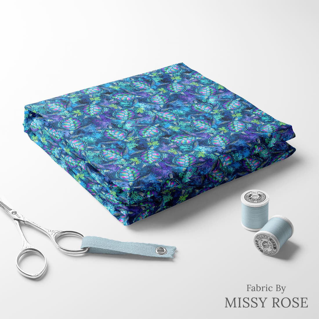 Design 444 Turtle Fabric folded fabric stack with matching thread – pre-order fabric Australia | Fabric by Missy Rose