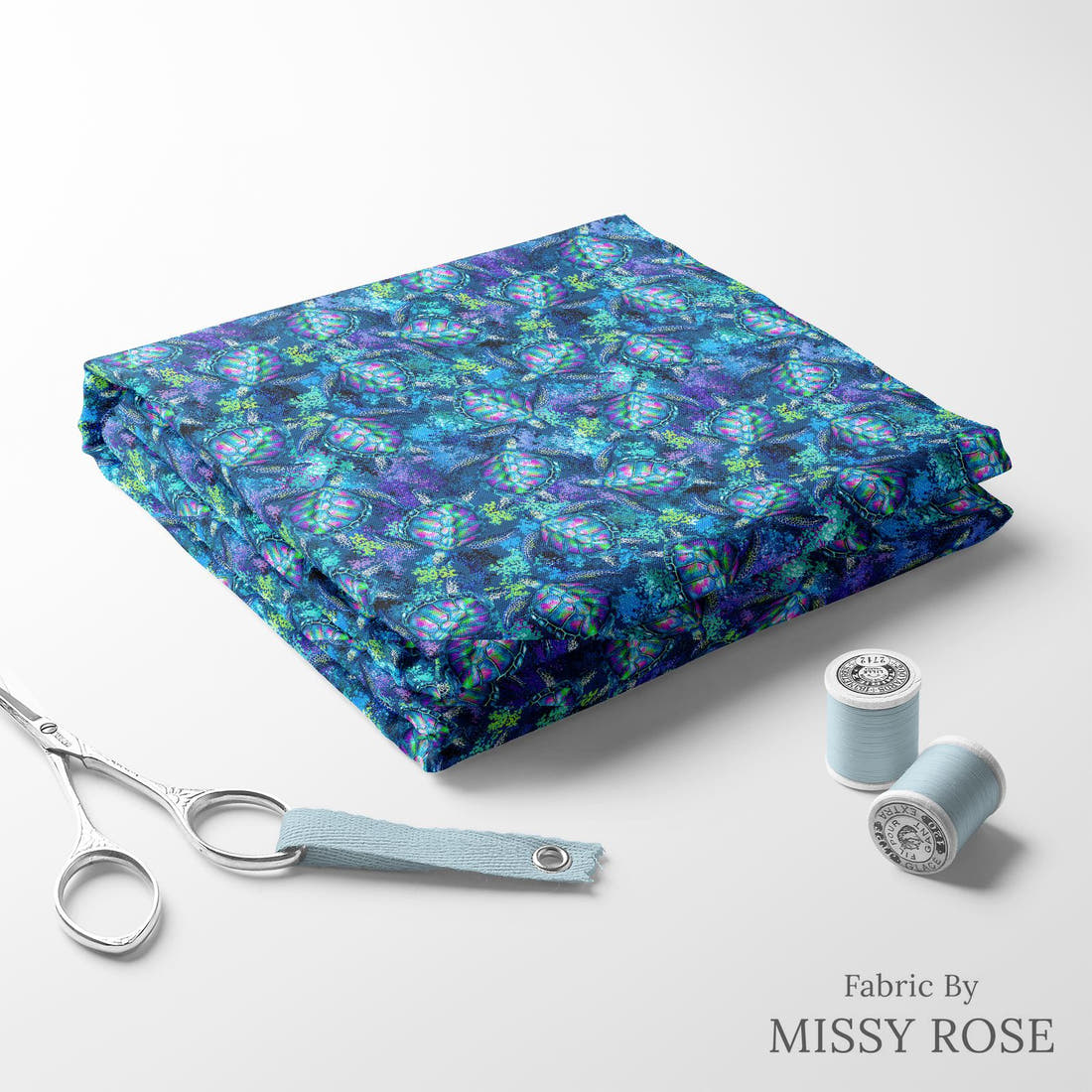 Design 444 Turtle Fabric folded fabric stack with matching thread – pre-order fabric Australia | Fabric by Missy Rose