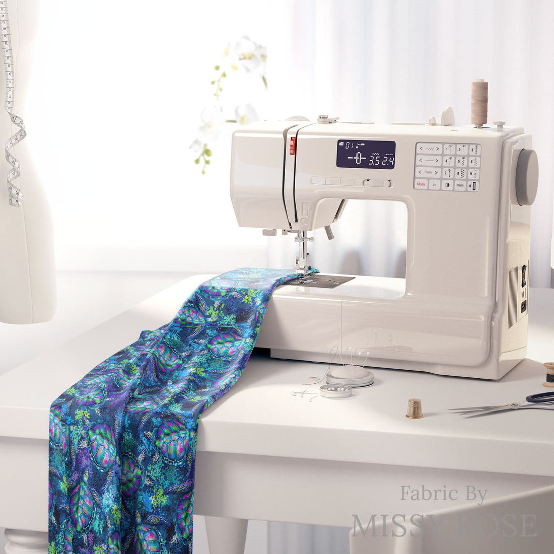 Design 444 Turtle Fabric on a sewing machine – premium fabric for sewing projects | Fabric by Missy Rose
