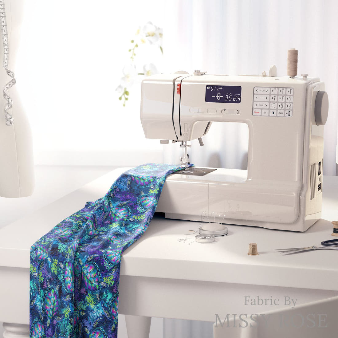 Design 444 Turtle Fabric on a sewing machine – premium fabric for sewing projects | Fabric by Missy Rose