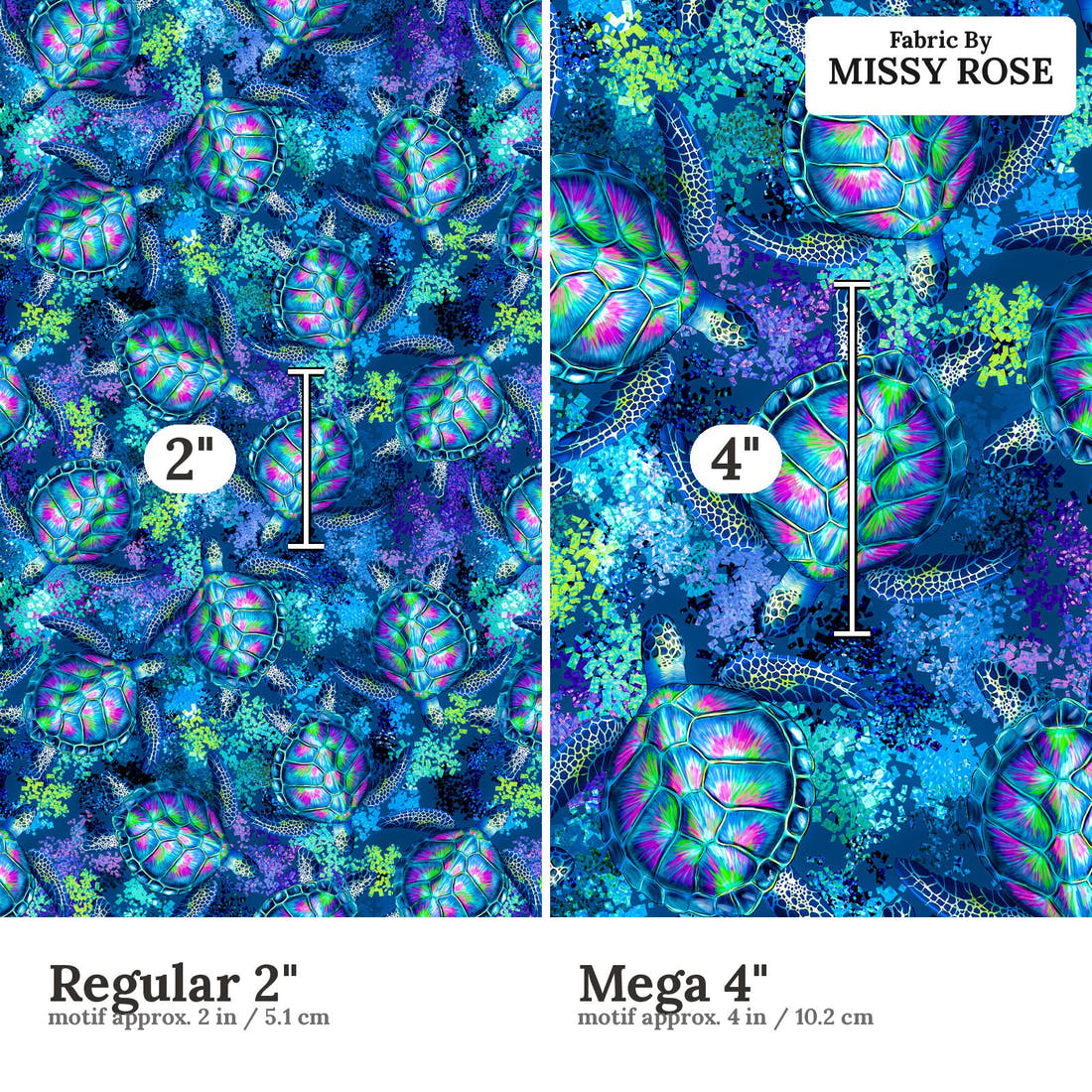 Design 444 Turtle Fabric size comparison - print scale | Fabric by Missy Rose